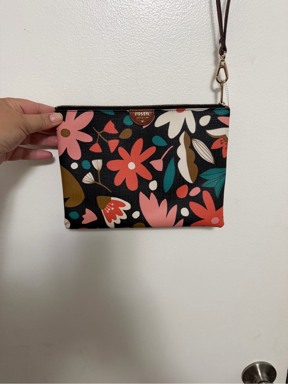 Fossil Black Floral Zip Wristlet with Coral & Teal Accents